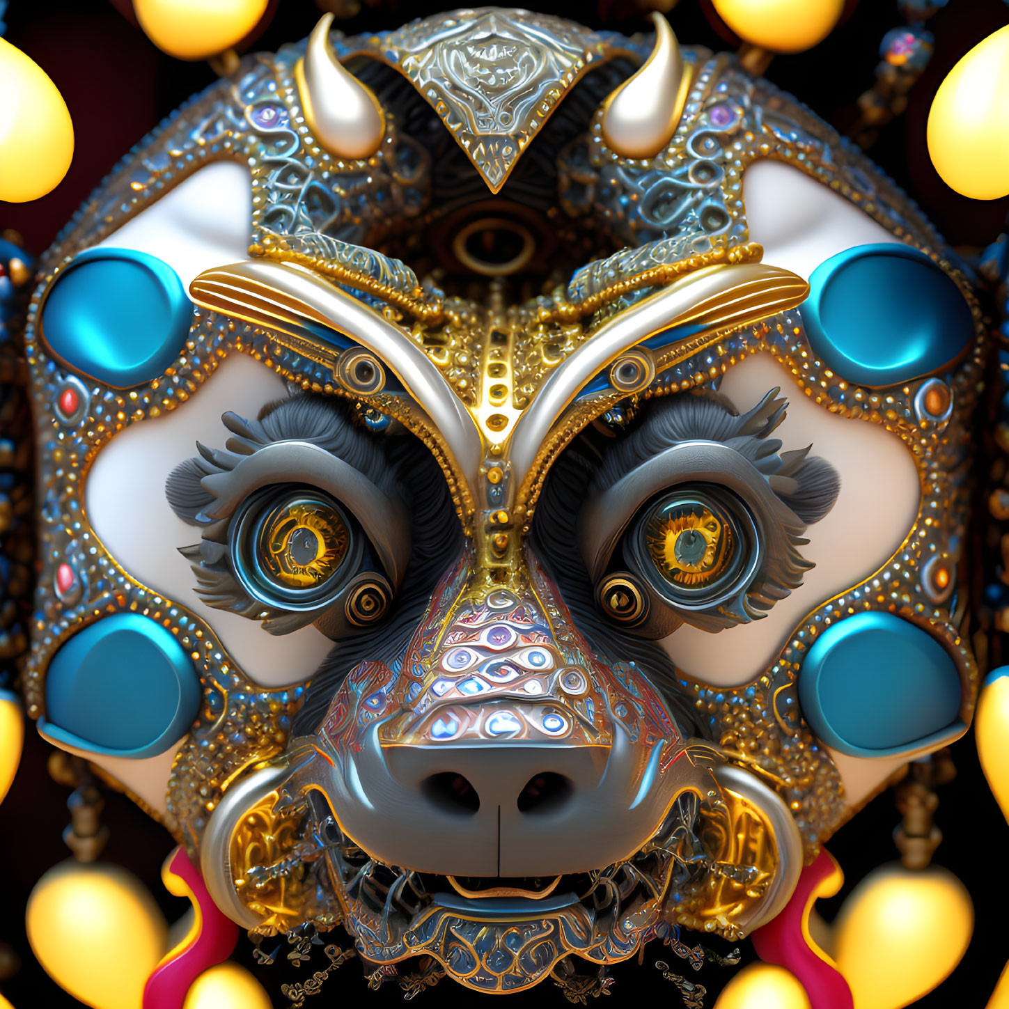 Symmetrical ornate creature with mechanical features and golden accents