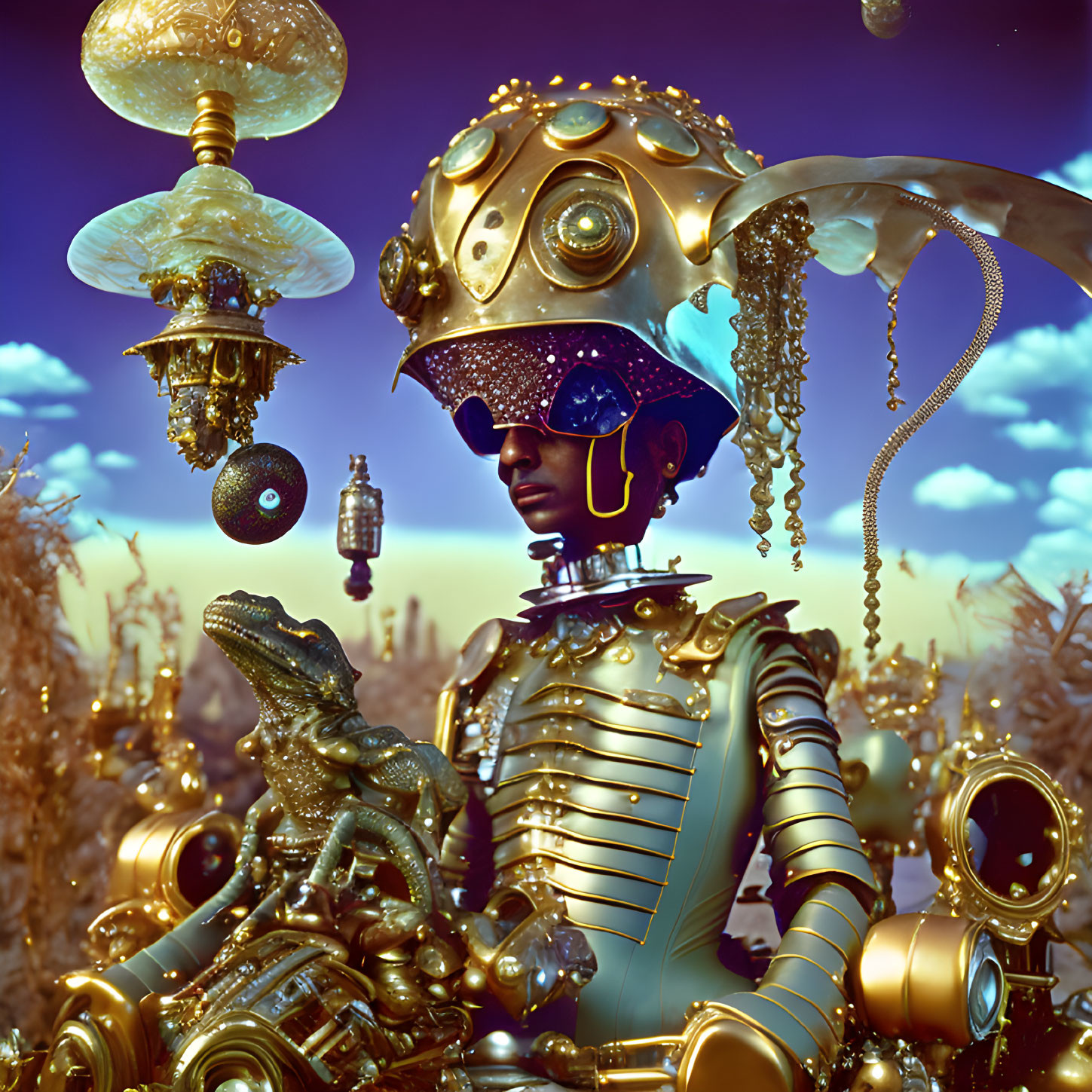 Futuristic being in golden mechanical suit among ornate artifacts