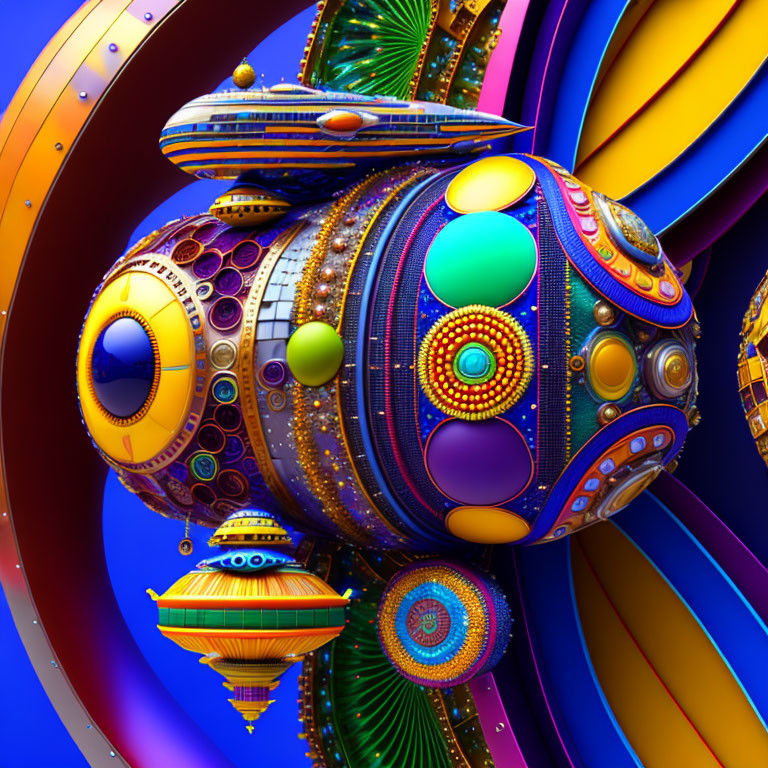 Colorful 3D illustration of a central spherical structure with intricate patterns and spiraling elements.