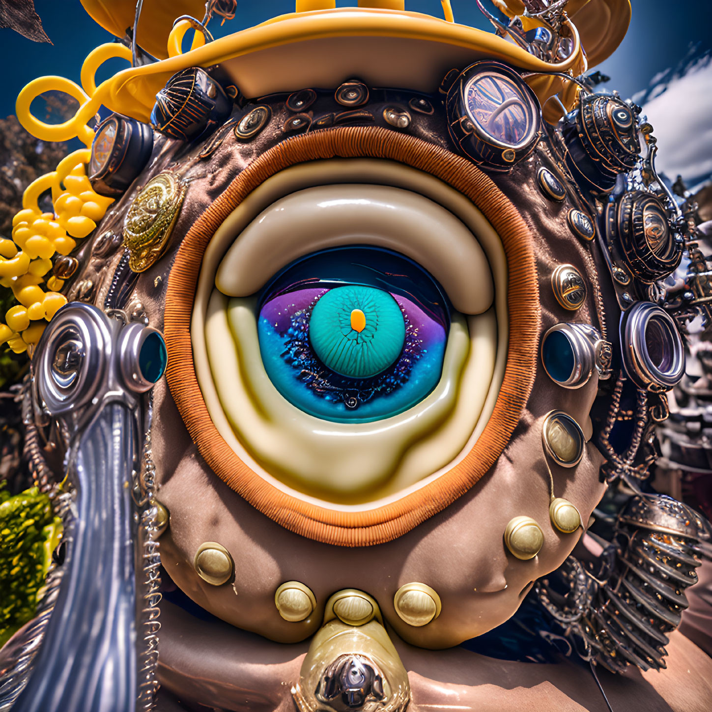 Colorful surreal illustration of large eye with mechanical elements and whimsical decorations against blue sky.