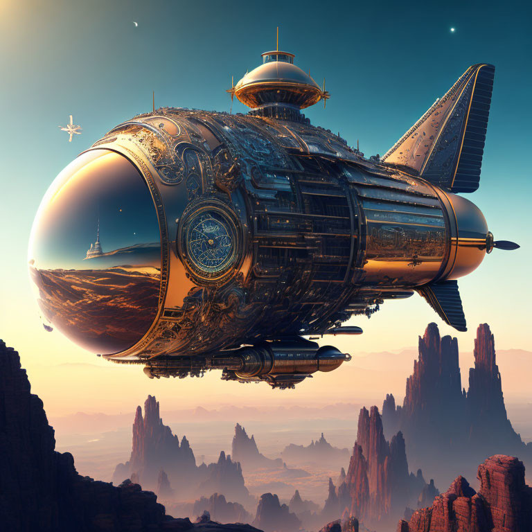 Intricate futuristic airship over rocky desert landscape