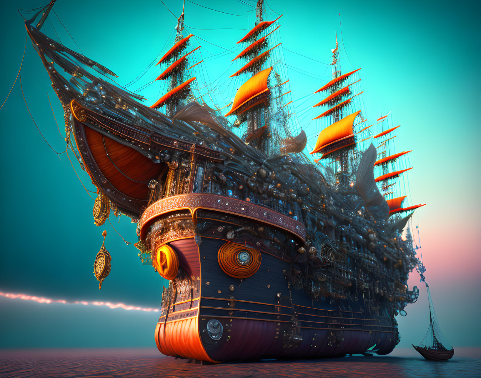 Majestic oversized ship with ornate decorations under surreal sunset sky