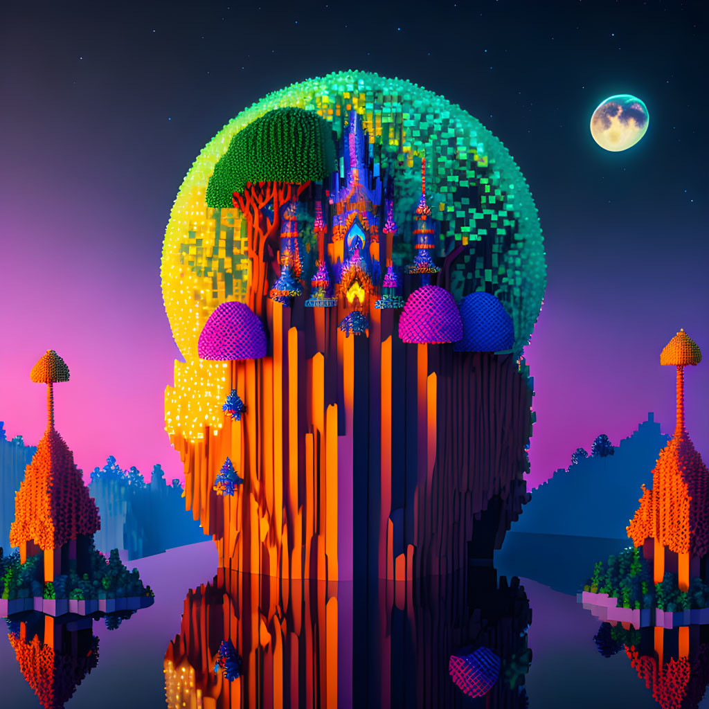 Colorful Geometric Trees in Digital Landscape with Moonlit Sky