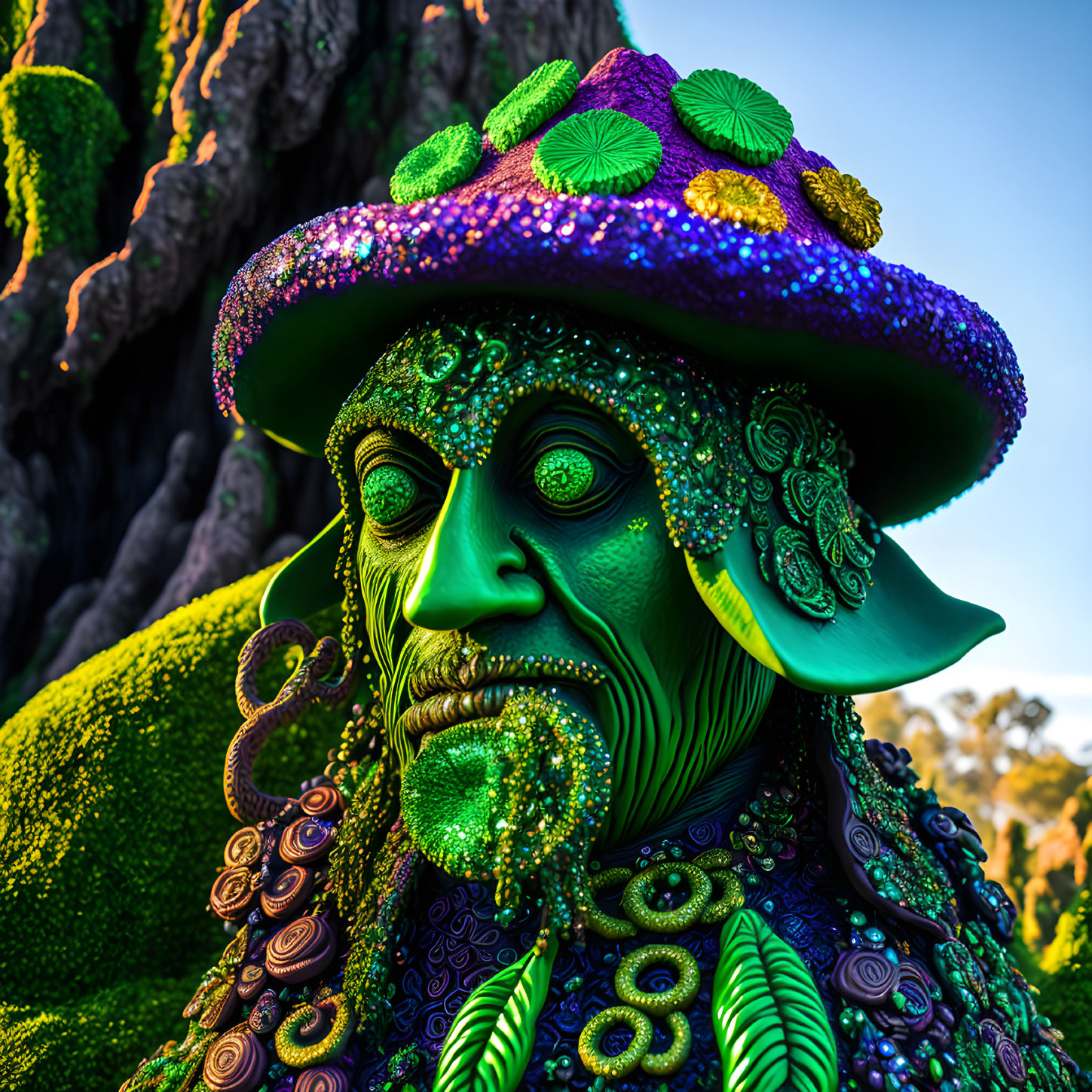 Colorful Green-Faced Character with Purple and Green Decorative Hat