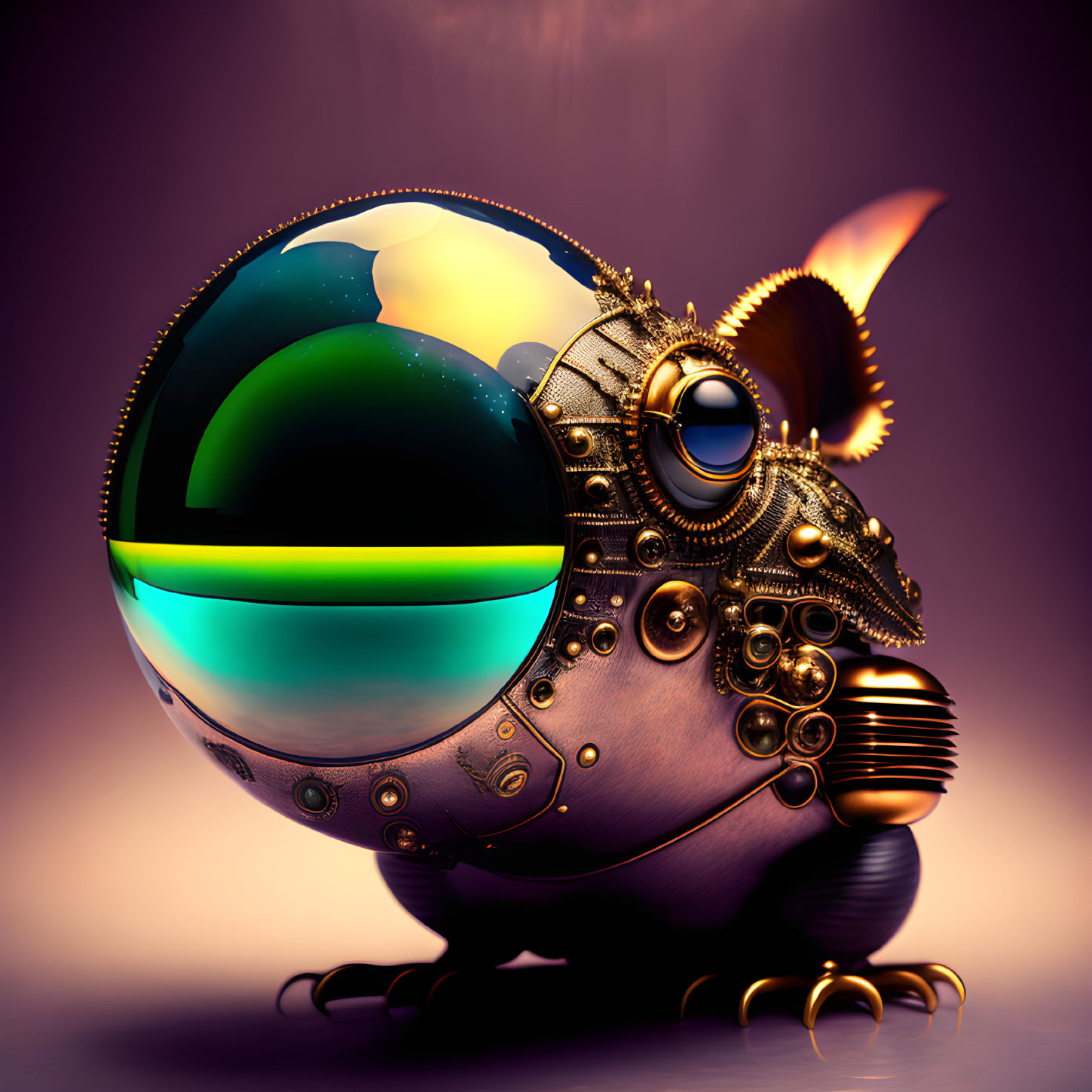 Steampunk-style mechanical fish with vibrant glass body on purple background