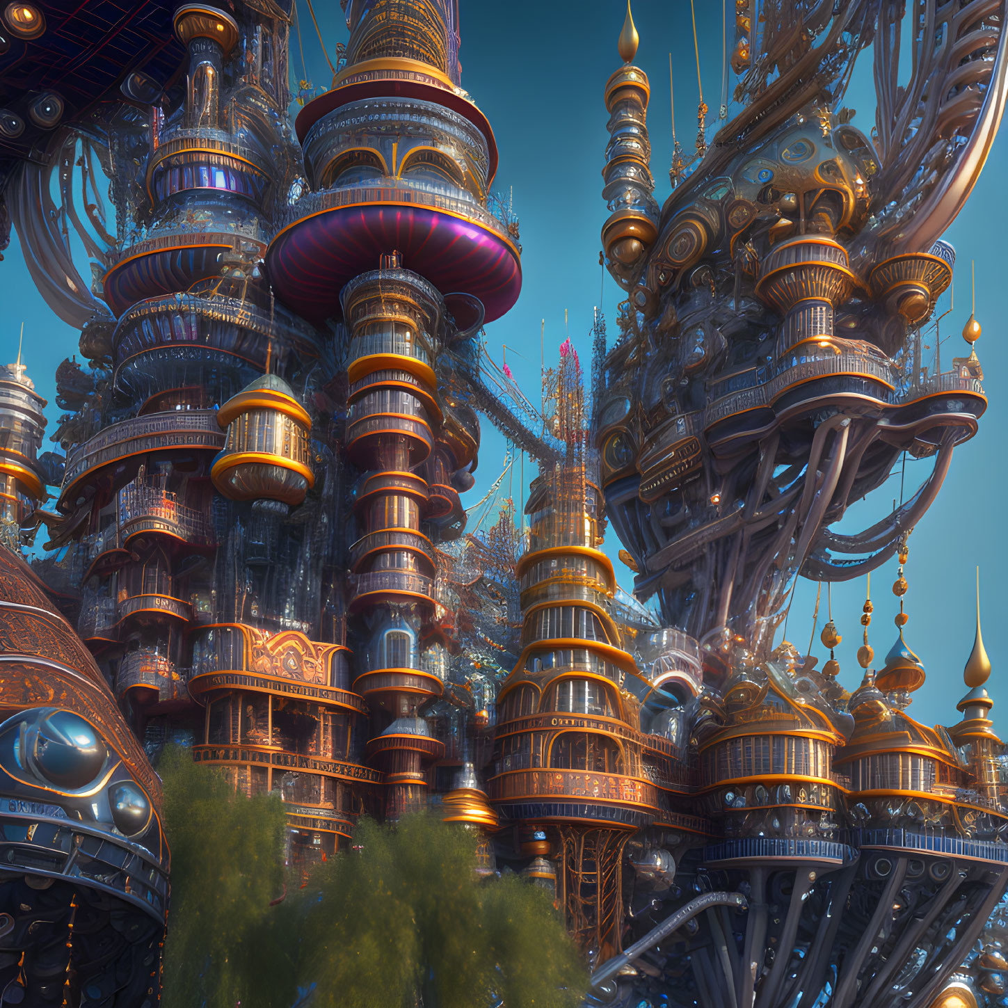 Detailed futuristic cityscape with metallic towers and warm ambient light