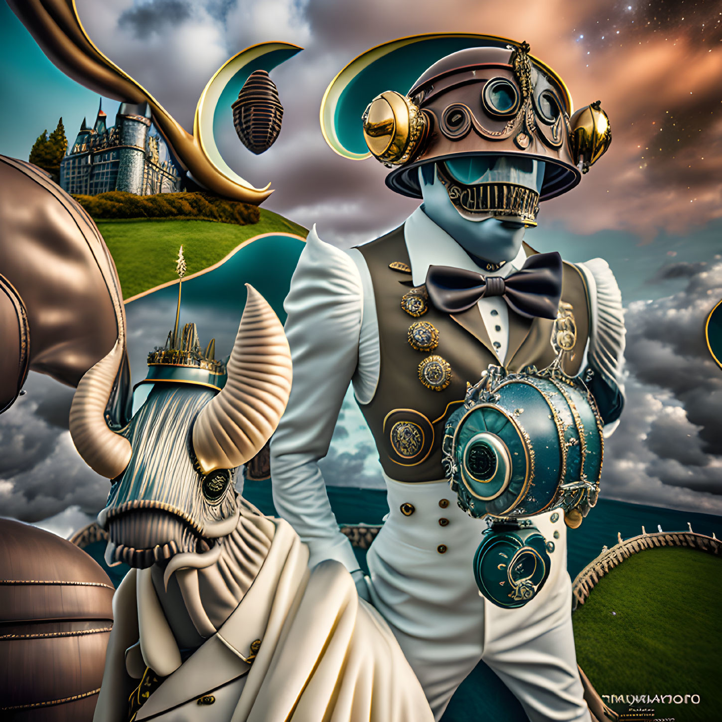 Steampunk-themed illustration with two characters and castle backdrop