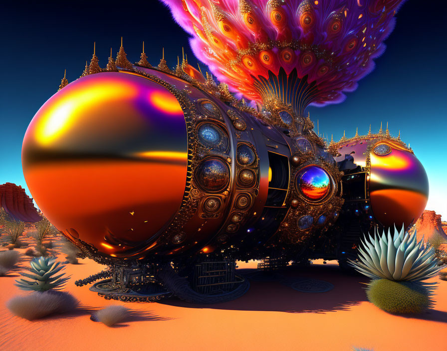 Ornate spherical vehicle in desert landscape at sunset