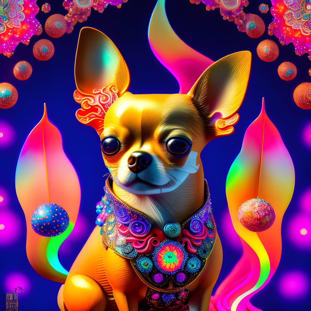 Colorful Stylized Chihuahua Artwork with Ornate Accessories