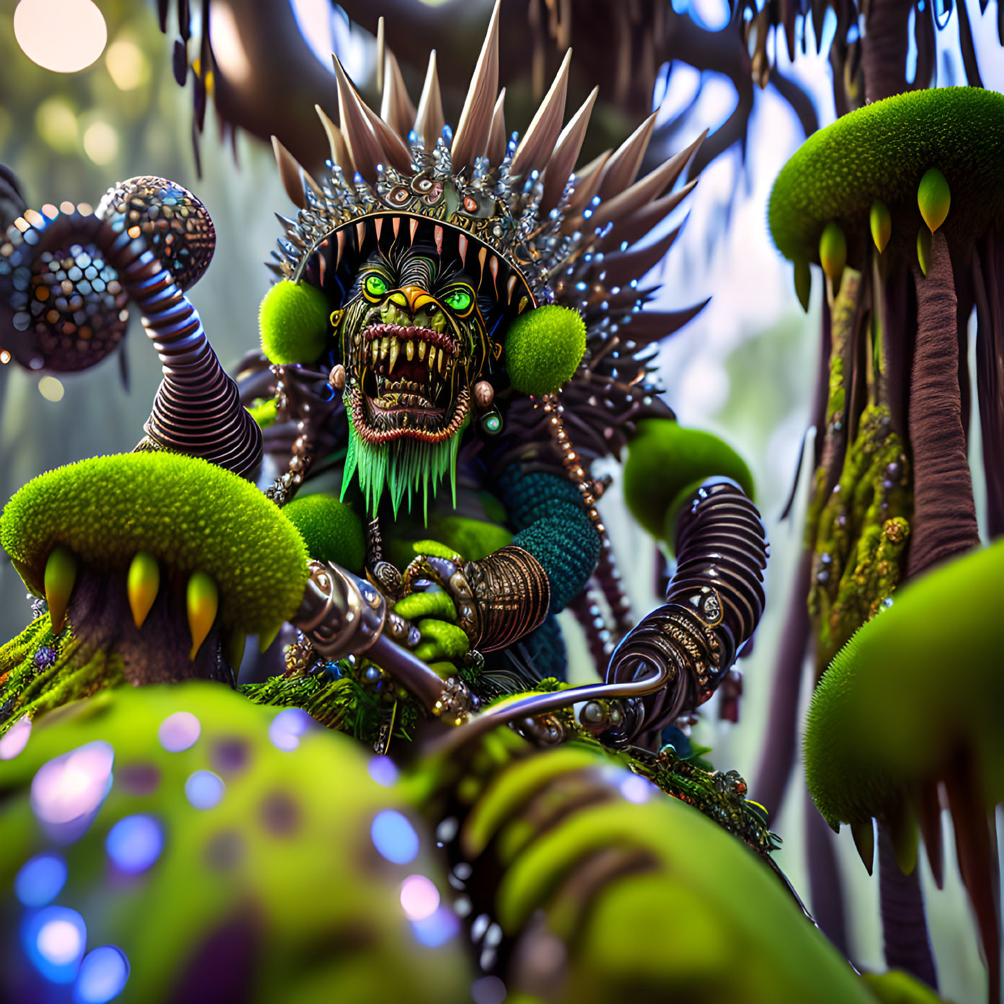 Intricate tribal creature in green armor within vibrant alien forest