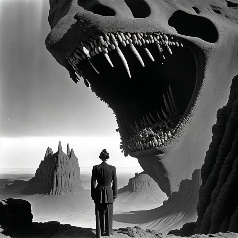 Person in surreal landscape with towering rock formations and giant skull.