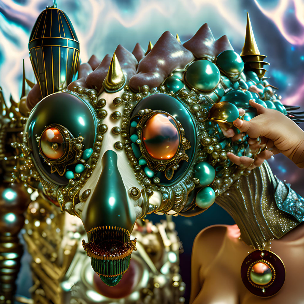 Surreal image of person wearing metallic creature mask with spikes and orbs against cloudy backdrop