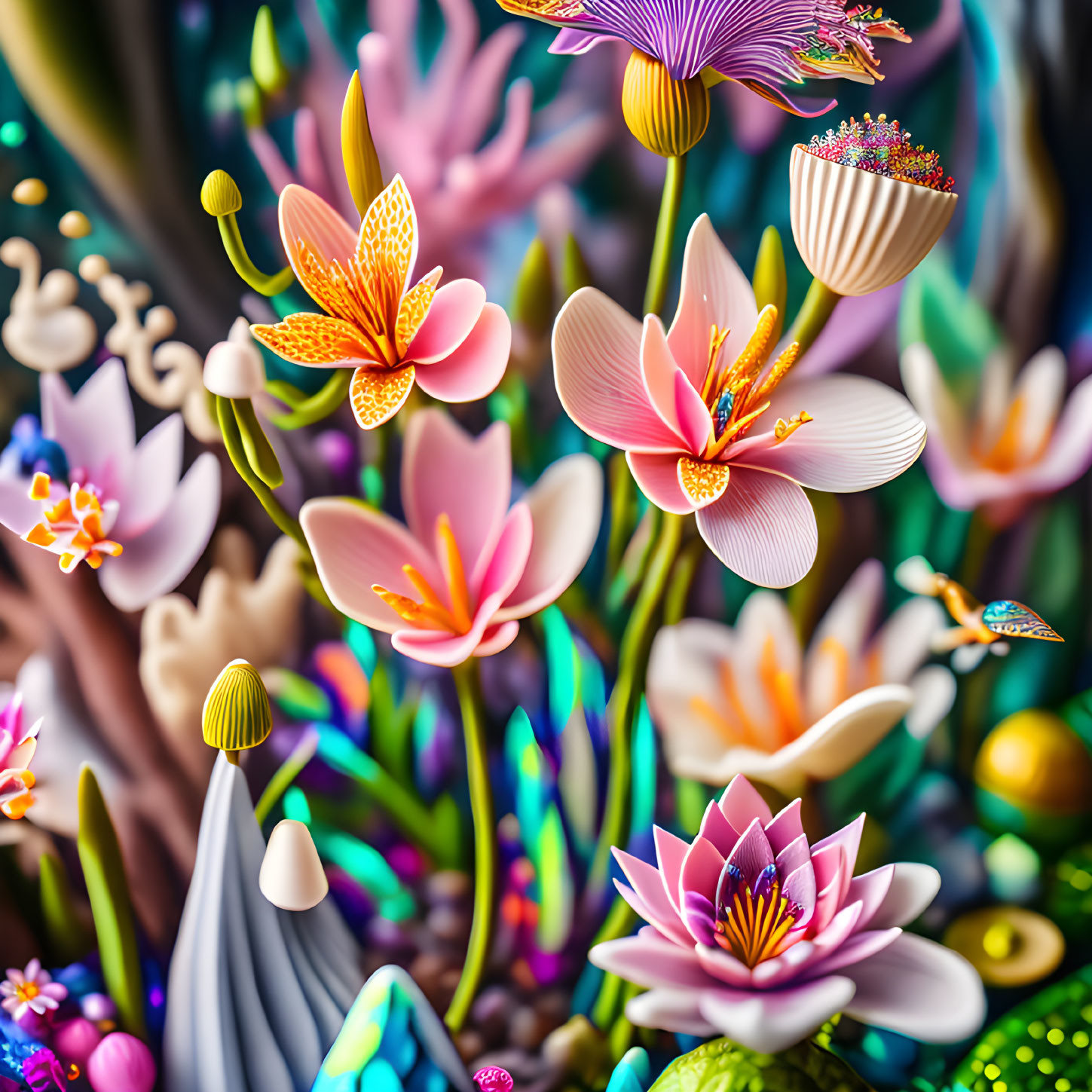 Colorful digital artwork of a fantastical garden with stylized flowers and plants