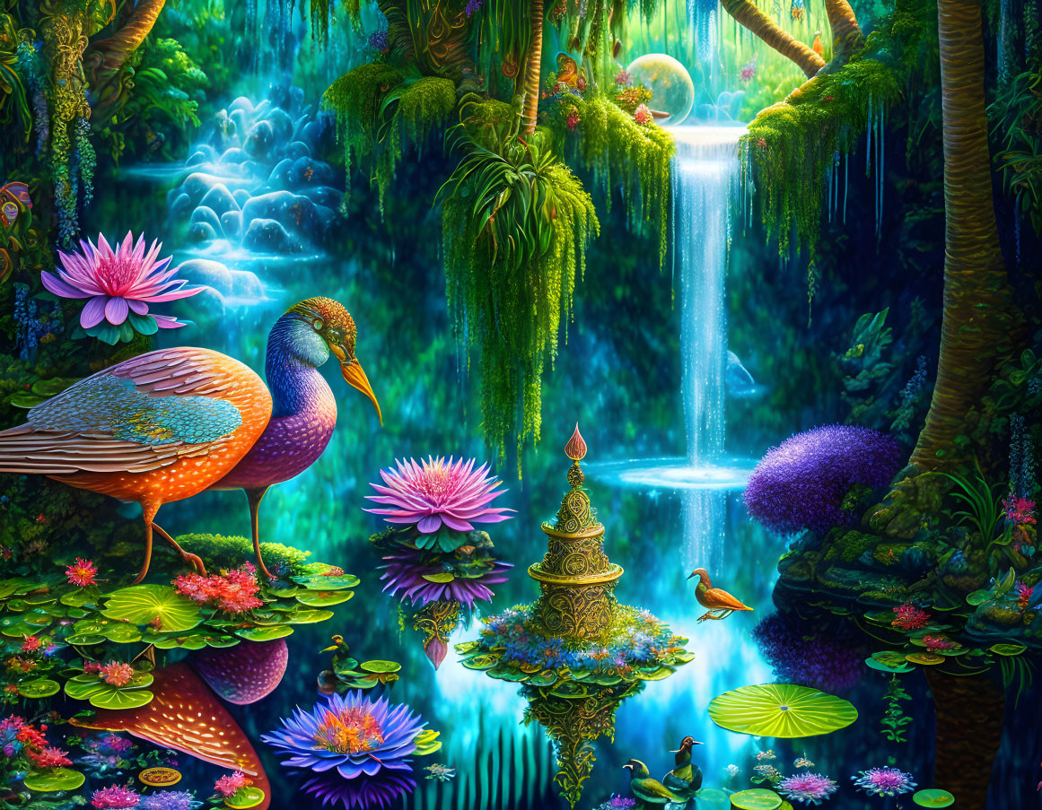 Colorful Jungle Scene with Bird, Waterfall, and Lotus Pond