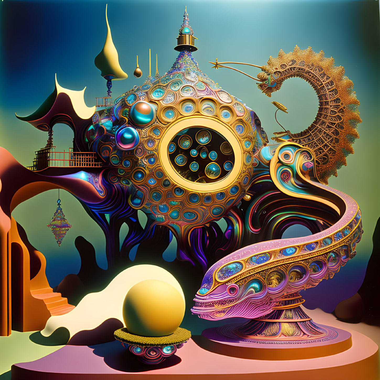 Vibrant surrealistic artwork: ornate structure, dragon, orbs, colorful gradient.