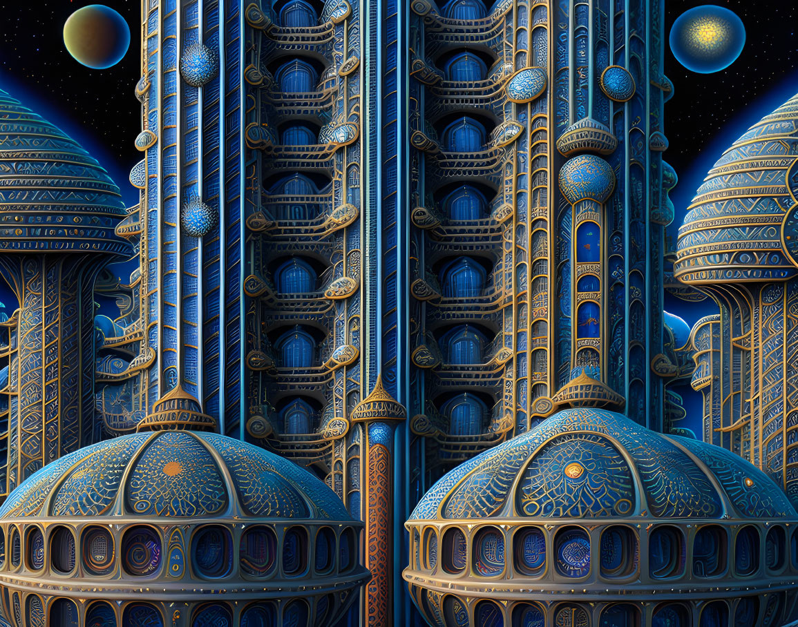 Intricate Digital Artwork: Blue Alien Structures Against Starry Sky