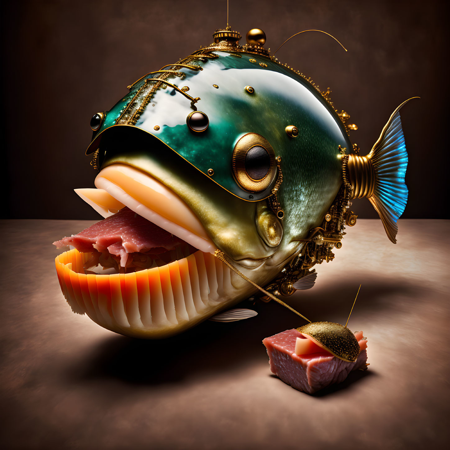 Mechanized fish with brass accents and sharp teeth on dark surface