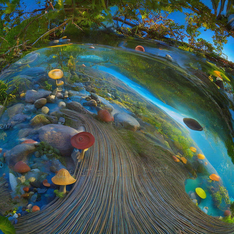 Circular surreal panorama: underwater pebbles, trees, warped sky with planets and mushrooms