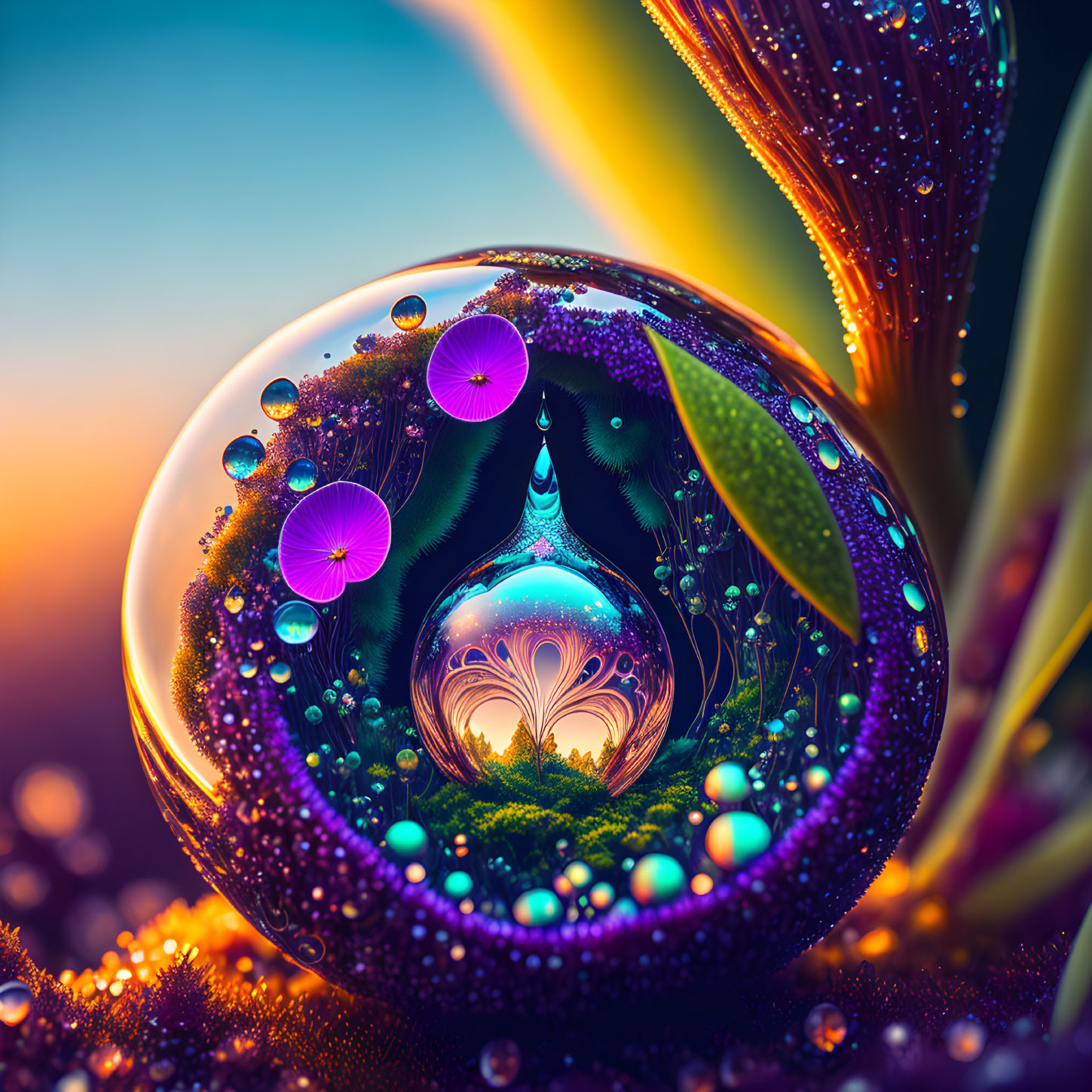 Colorful digital artwork of crystal ball in mystical garden at sunset