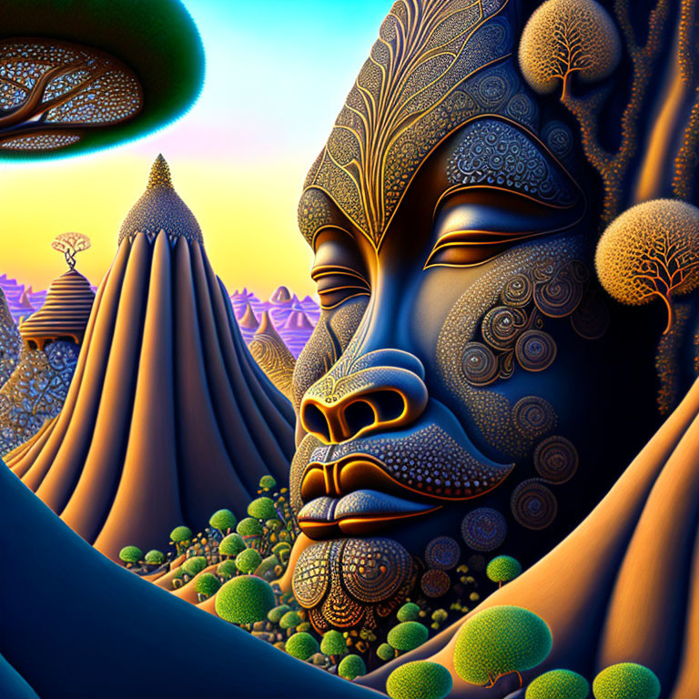 Colorful Digital Artwork: Serene Face with Intricate Patterns in Whimsical Landscape