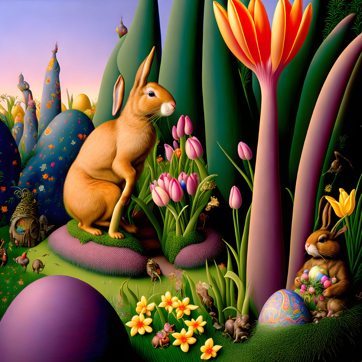 Illustration of large and small rabbits with flowers and eggs in vibrant landscape