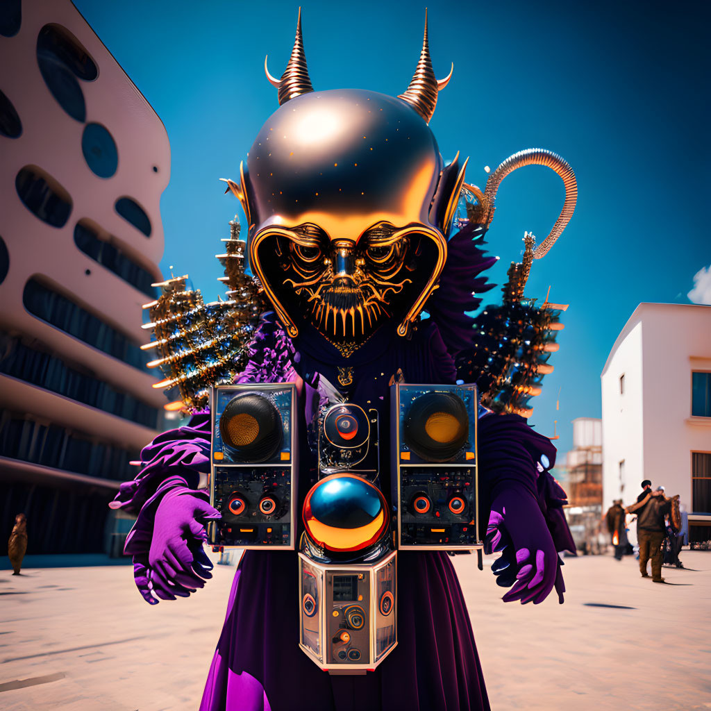 Futuristic figure with horns and skull mask in urban setting on sunny day