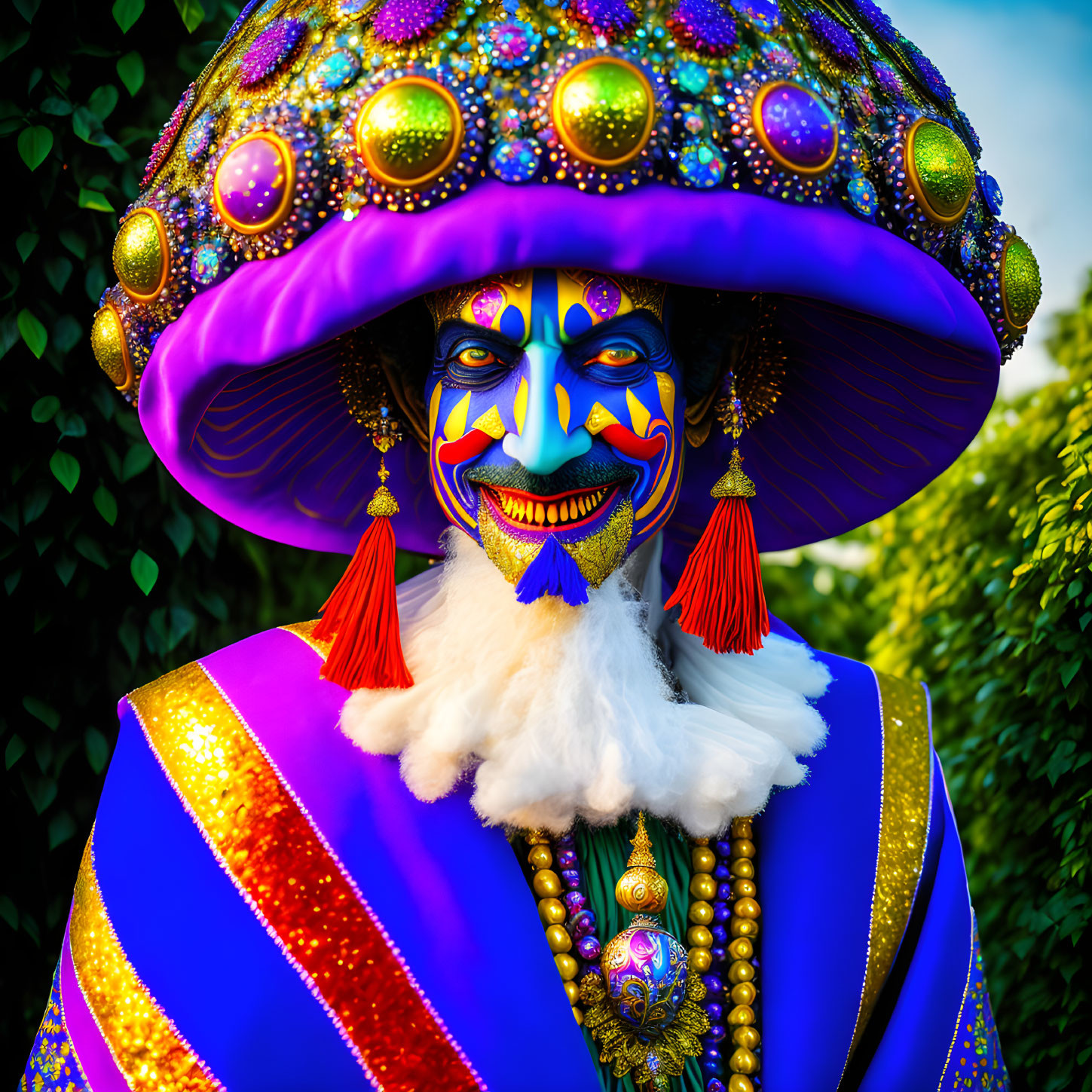 Colorful Costume with Large Purple Hat and Elaborate Face Paint