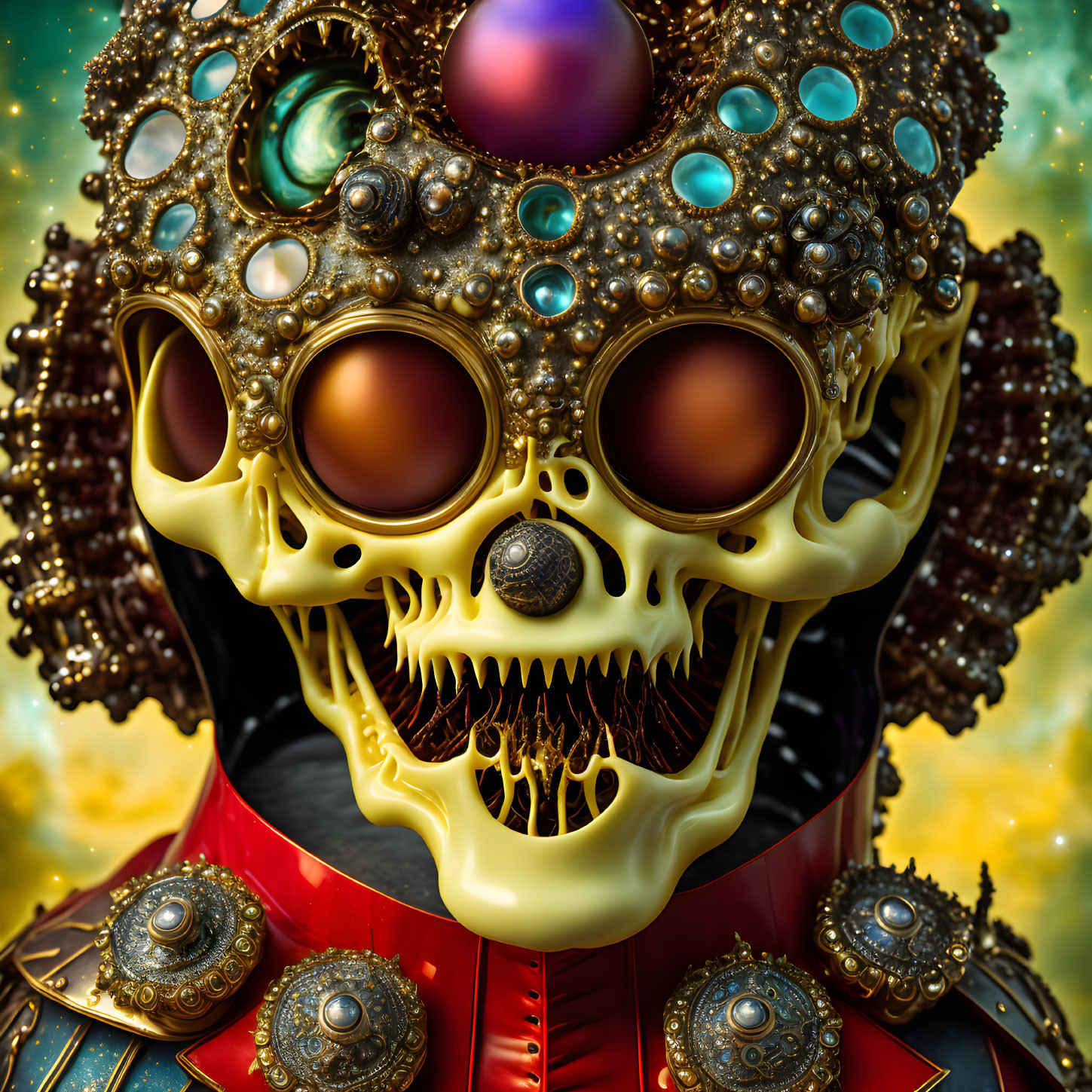 Intricate Golden Skull Mask with Colorful Jewels on Gear Structure