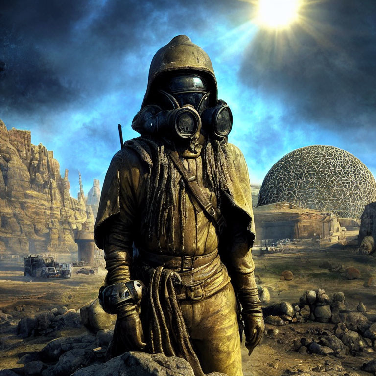 Vintage diving suit figure in rocky landscape with futuristic structures under hazy blue sky