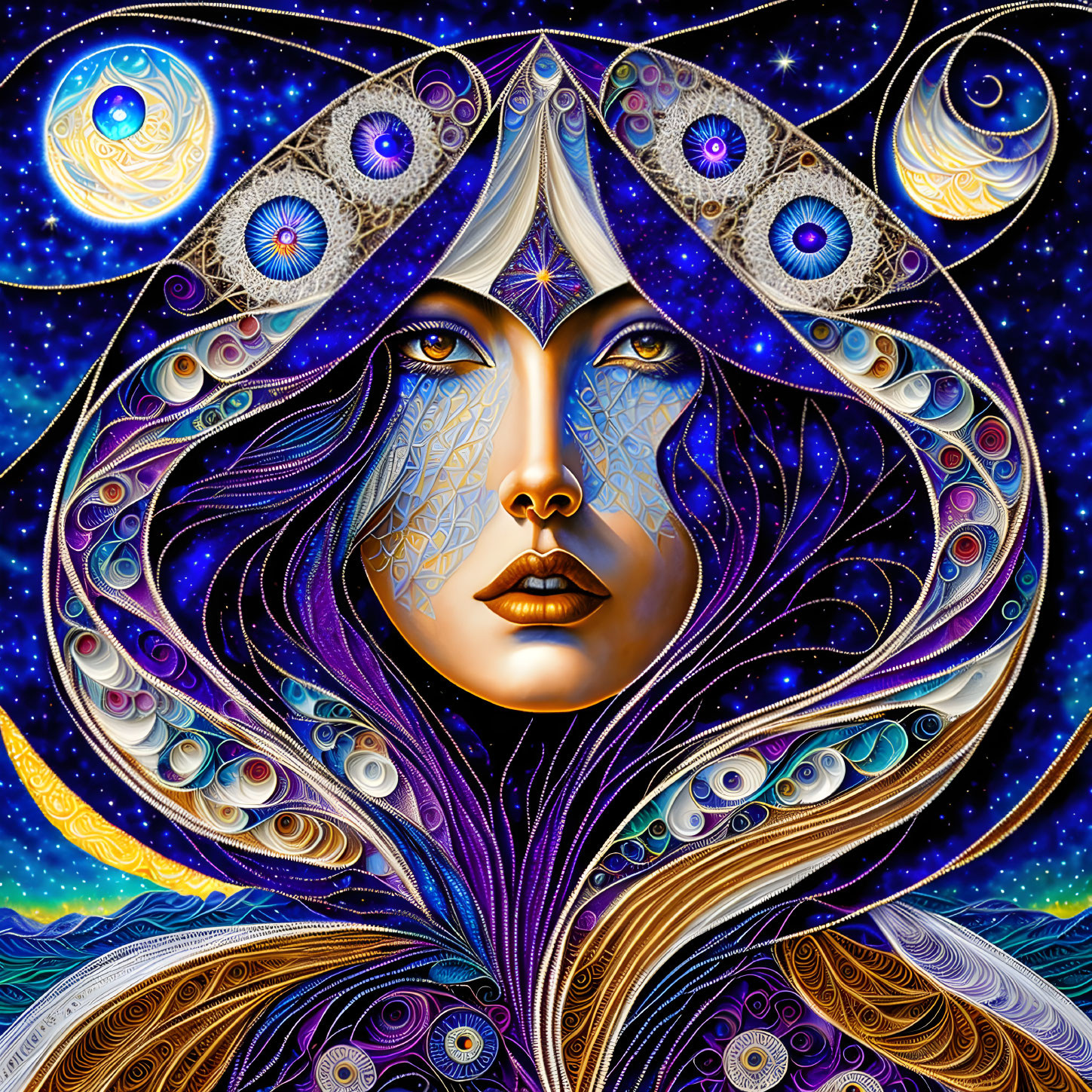 Cosmic-themed artwork of woman's face with peacock feather patterns