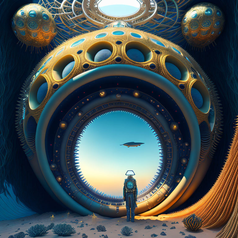 Surreal landscape with futuristic portal, alien structures, figure on bike, spaceship in sunset sky