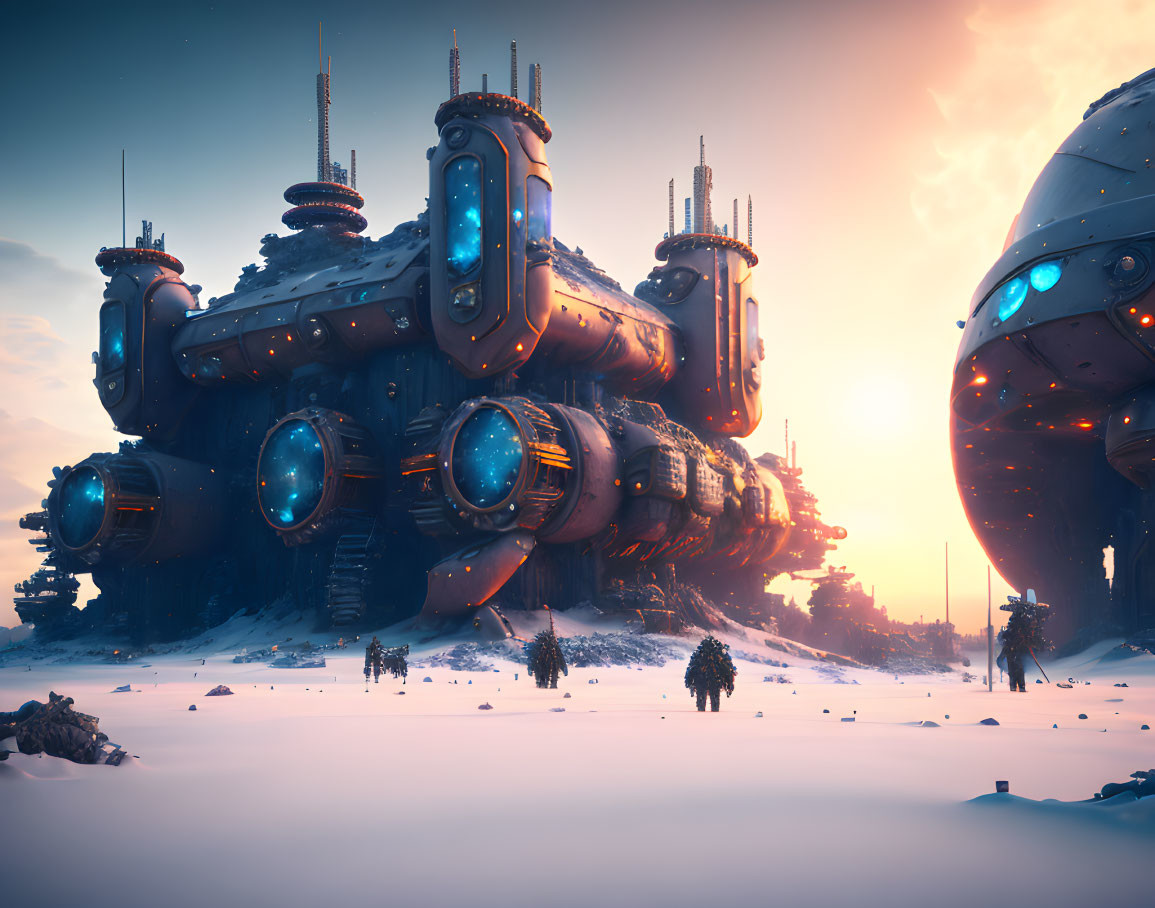 Futuristic spacecraft with tall antennas on snowy landscape at sunset