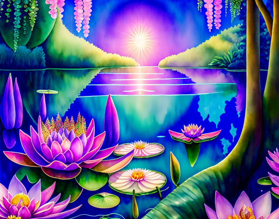 Digital Art: Pink and Purple Lotus Flowers in Tranquil Blue Lake