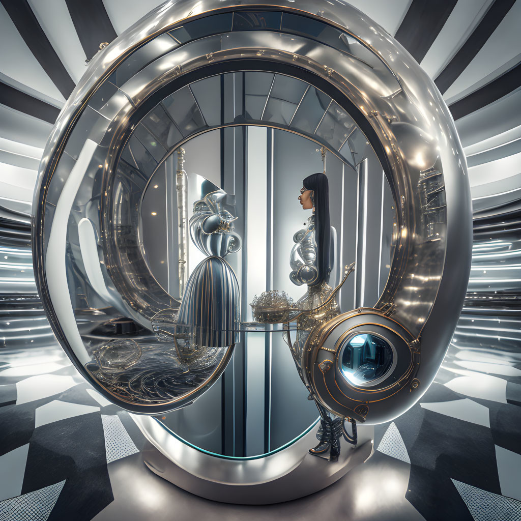 Futuristic interior with woman in sleek attire in circular metallic portal