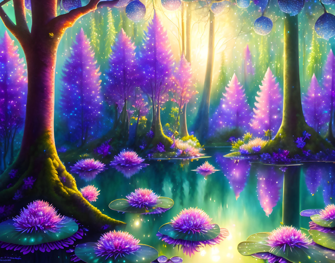 Enchanted forest with purple foliage, glowing flowers, shimmering water, and floating lanterns