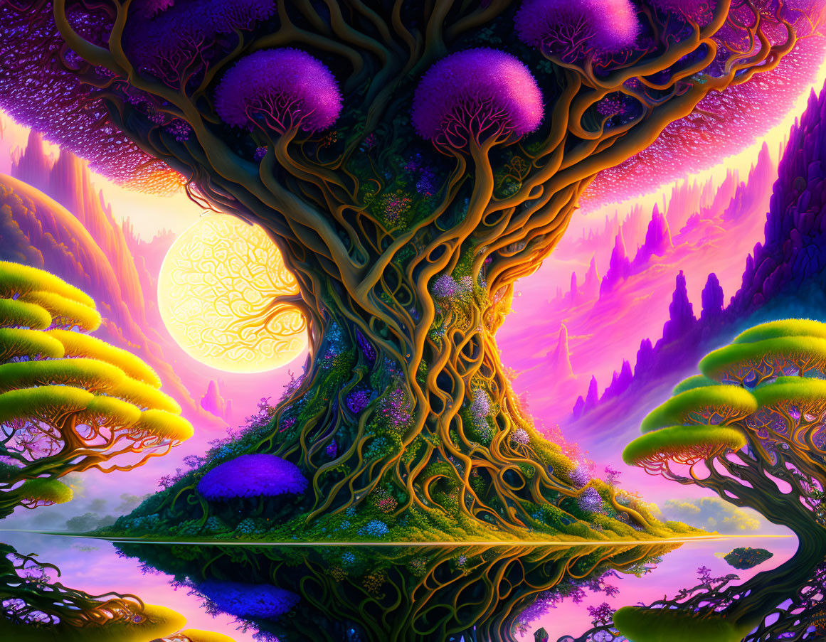 Surreal landscape with purple tree, reflecting in water, glowing sun