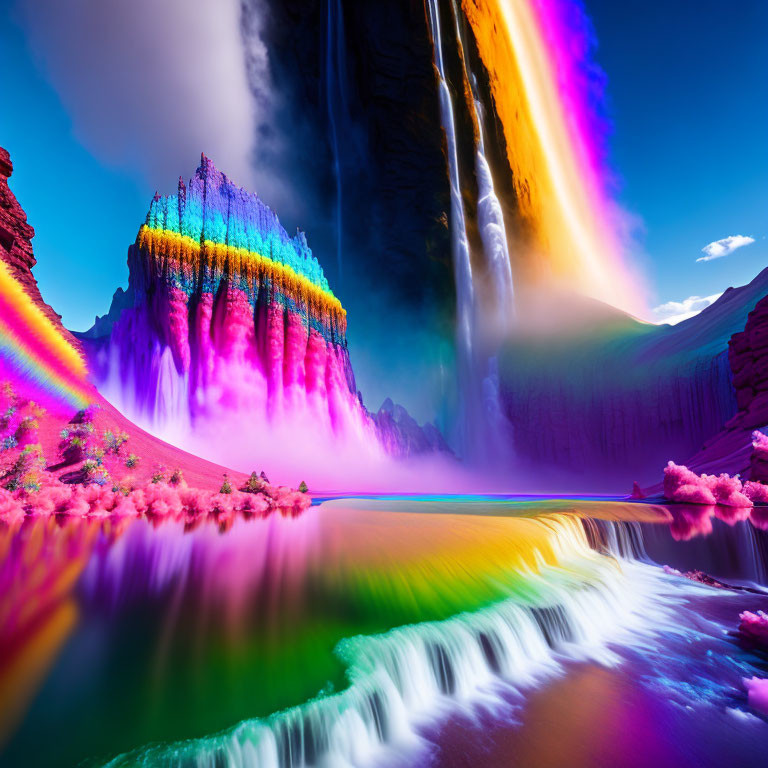 Colorful landscape with waterfall, rainbow, river, flora, and mystical fog