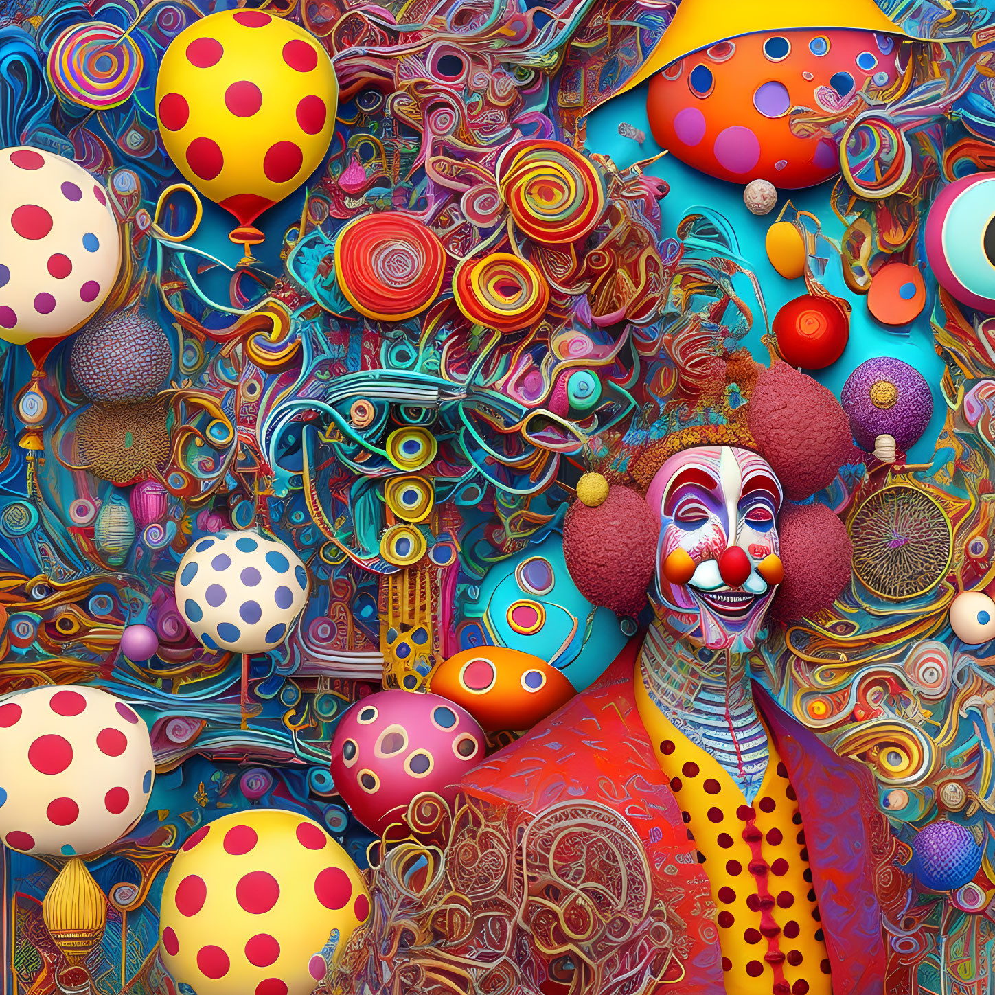 Vibrant surreal clown surrounded by intricate patterns and whimsical objects