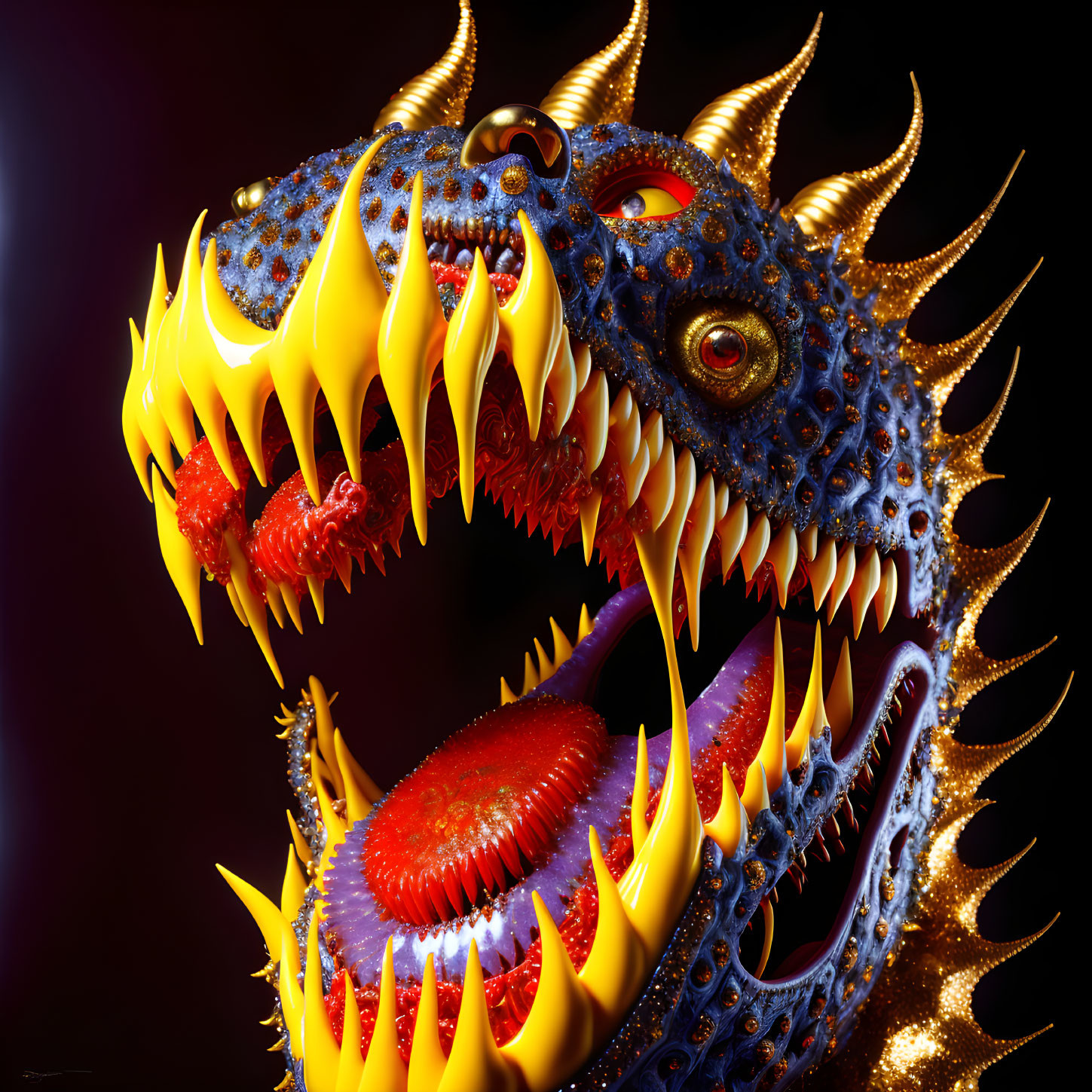 Blue and Gold Digital Dragon with Fiery Mane and Sharp Teeth