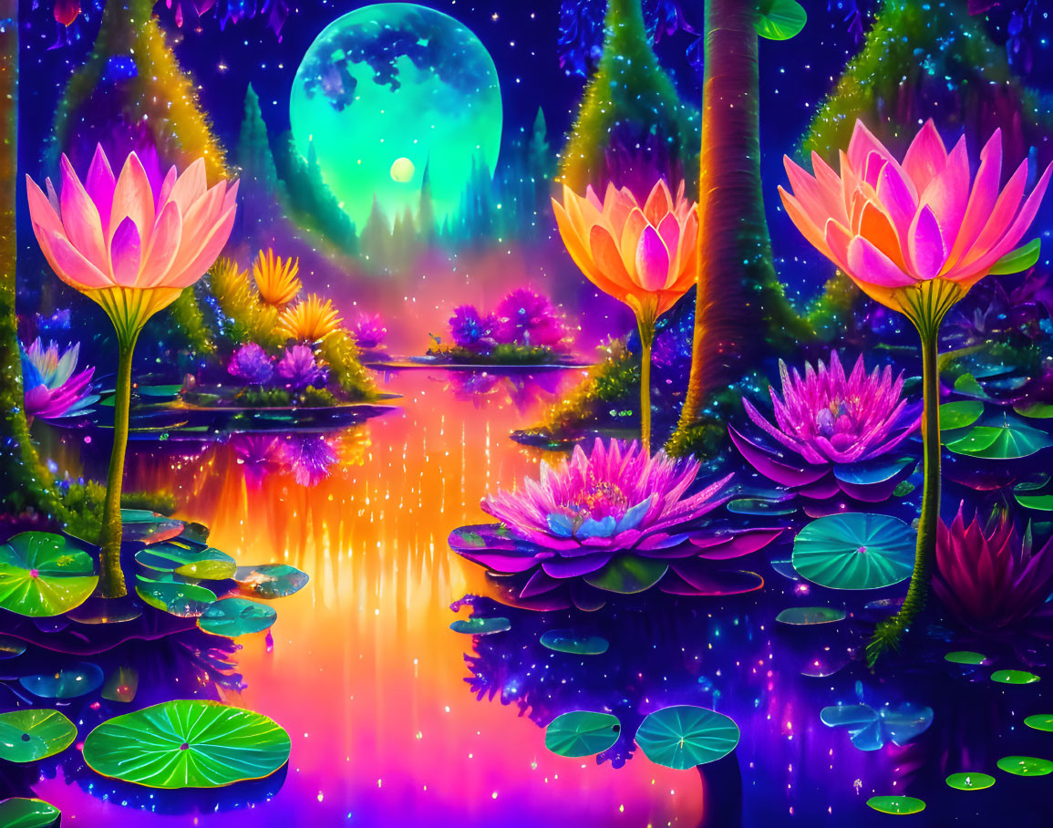 Fantastical image of colorful lotus flowers, glowing pond, and bright moon