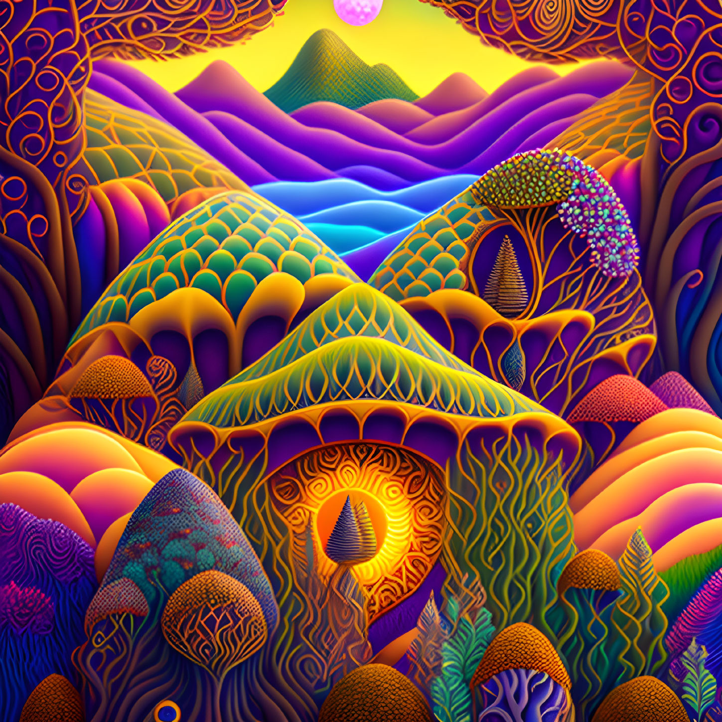 Colorful Psychedelic Landscape with Hills, Mushrooms, and Trees