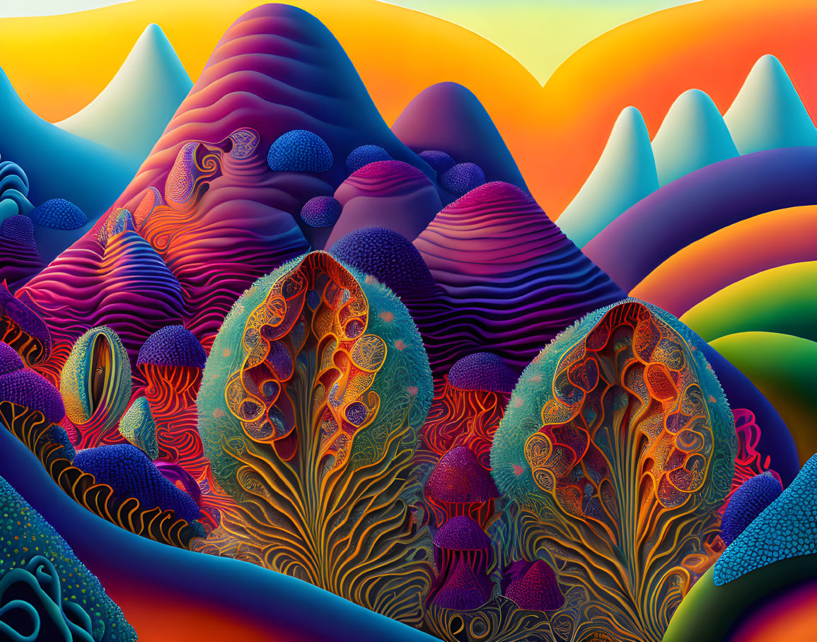 Colorful Psychedelic Landscape with Textured Hills and Trees