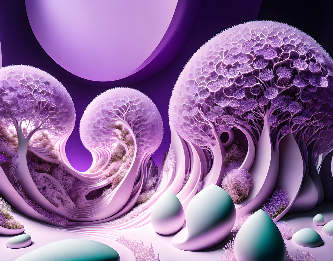 Surreal digital artwork of tree-like structures in purple and white palette