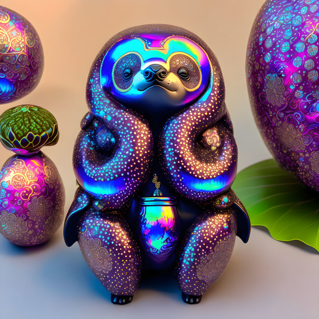 Iridescent Sloth Figurine with Colorful Patterned Spheres