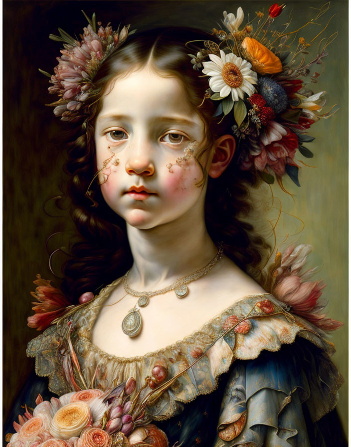 Young girl portrait with floral adornments and serene expression