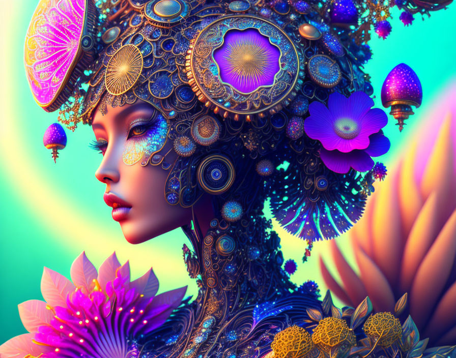 Colorful digital artwork of woman with psychedelic headgear and floral motifs