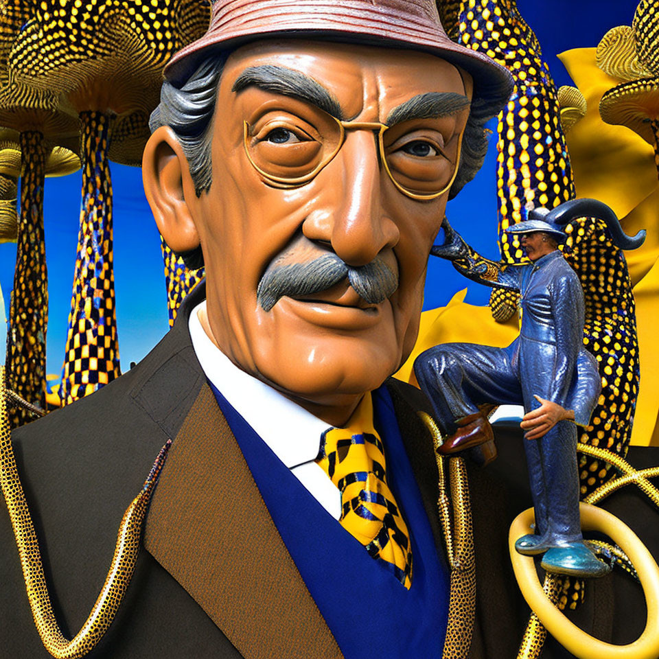 Surreal Artwork: Larger-Than-Life Man with Mustache and Miniature Version in Abstract