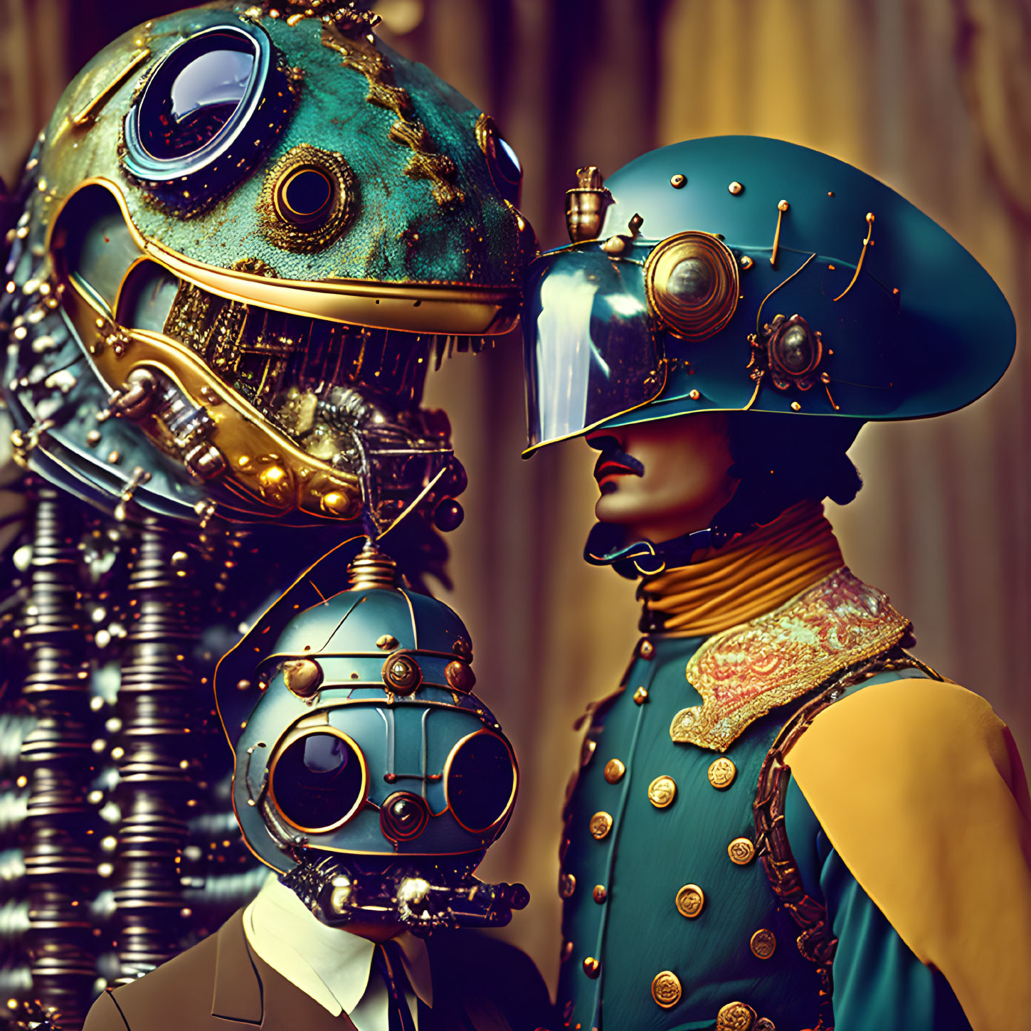 Two individuals in ornate steampunk attire with intricate helmets on draped background