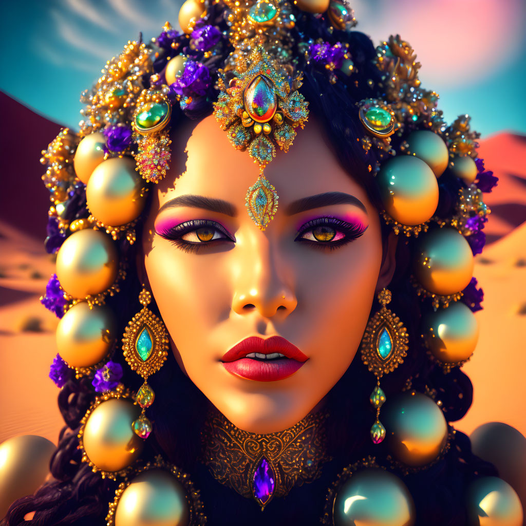 Striking Makeup and Ornate Jewelry on Woman Against Colorful Backdrop