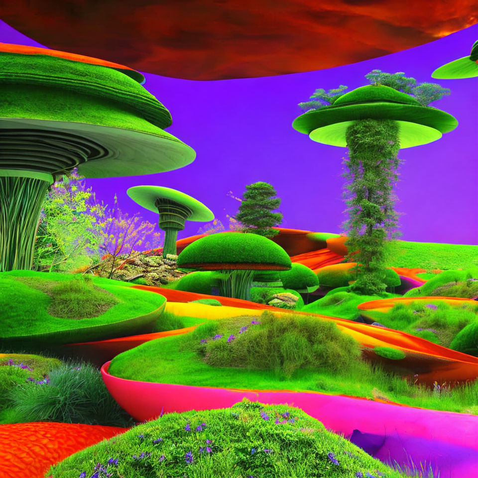 Colorful surreal landscape with mushroom structures under purple sky